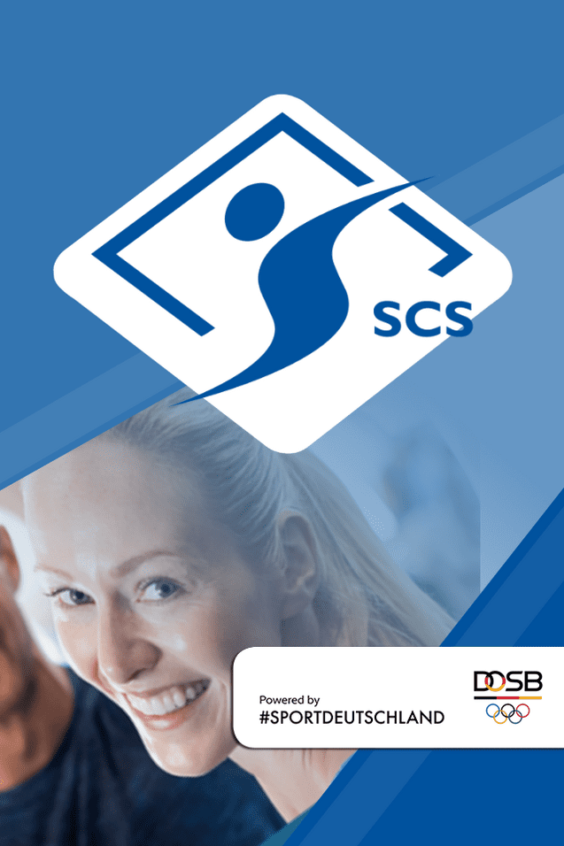 Logo der SCS mit stilisiertem Sportler und l&auml;chelnder Frau im Vordergrund, begleitet von der Aufschrift &bdquo;Powered by #SPORTDEUTSCHLAND&ldquo;.