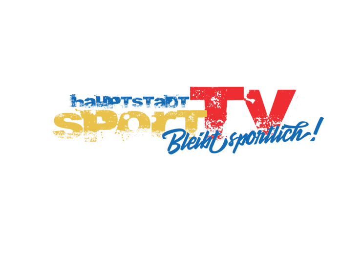 Logo von Hauptstadt Sport TV mit dem Slogan &bdquo;Bleib sportlich!&ldquo; in auff&auml;lligen Farben.