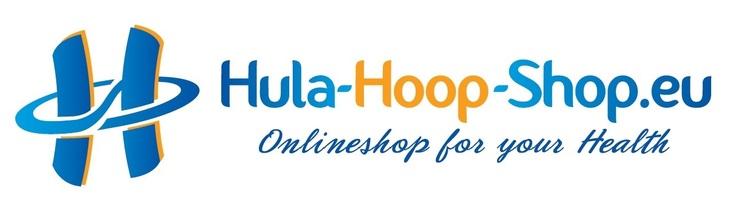 Logo des Hula Hoop Shops mit dem Schriftzug &bdquo;Onlineshop for your Health&ldquo; in blau und orange auf wei&szlig;em Hintergrund.