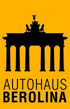 Silhouette des Brandenburger Tors vor gelber Hintergrundfarbe mit der Schriftzug &bdquo;Autohaus Berolina&ldquo; darunter.