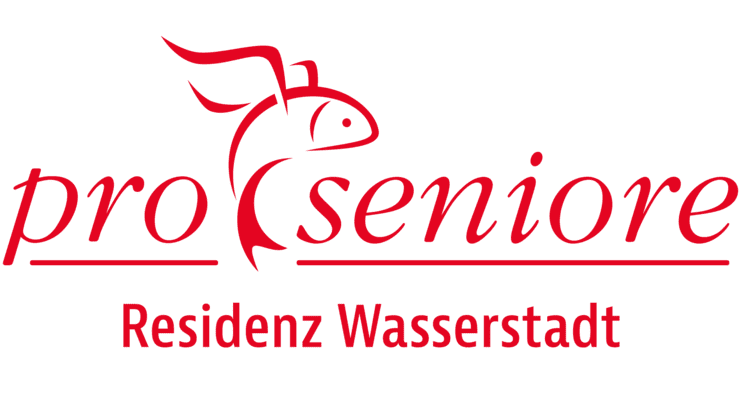 Logo der Residenz Wasserstadt mit stilisiertem Fisch und roter Schrift "pro seniore".