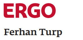 Logo der ERGO Versicherung mit dem Namen Ferhan Turp in schwarzer Schrift.