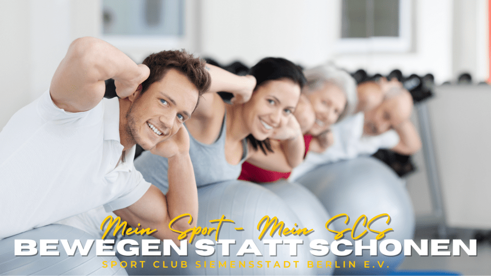 Gruppentraining mit verschiedenen Personen, die auf Gymnastikbällen sitzen und Übungen ausführen. Hintergrund mit Fitnessgeräten.