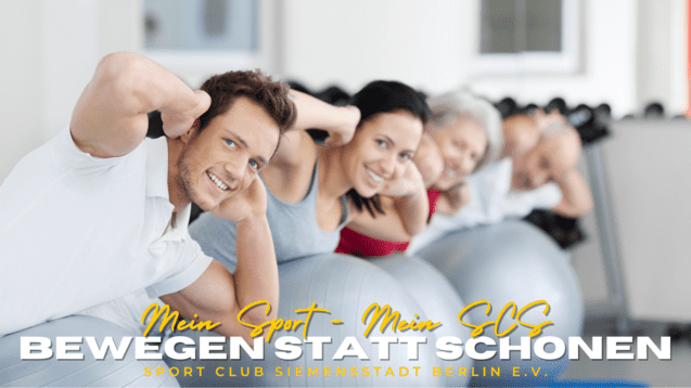 Gruppentraining mit verschiedenen Personen, die auf Gymnastikb&auml;llen sitzen und &Uuml;bungen ausf&uuml;hren. Hintergrund mit Fitnessger&auml;ten.