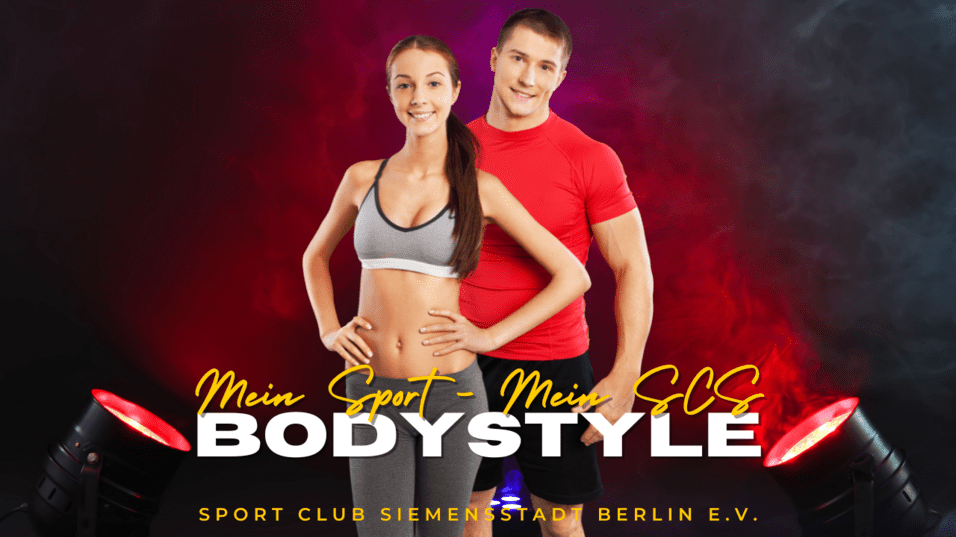 Paar posiert l&auml;chelnd vor buntem Hintergrund, Text mit Sportclub-Logo und Slogan &bdquo;Mein Sport - Mein Bodystyle&ldquo;.