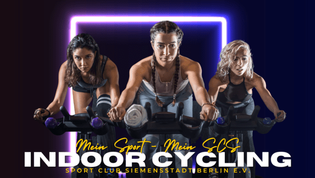 Drei Frauen befinden sich beim Indoor Cycling, gepostet auf Fahrr&auml;dern, mit dynamischem Hintergrund.