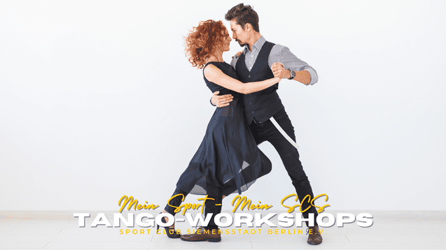 Tanzpaar in eleganter Pose beim Tango, vor einem wei&szlig;en Hintergrund, mit einem flie&szlig;enden schwarzen Kleid.