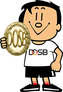Cartoonfigur eines Jungen mit DOSB-Logo, der eine goldene Medaille l&auml;chelnd in der Hand h&auml;lt.