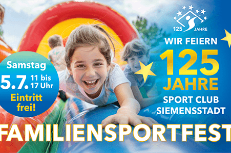 Bunt gestaltetes Plakat für ein Familensportfest mit lachendem Kind auf einer Rutsche, Datum und Veranstaltungsdetails in blauer Schrift.
