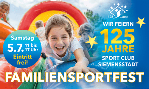 Bunt gestaltetes Plakat für ein Familensportfest mit lachendem Kind auf einer Rutsche, Datum und Veranstaltungsdetails in blauer Schrift.