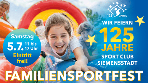 Bunt gestaltetes Plakat für ein Familensportfest mit lachendem Kind auf einer Rutsche, Datum und Veranstaltungsdetails in blauer Schrift.