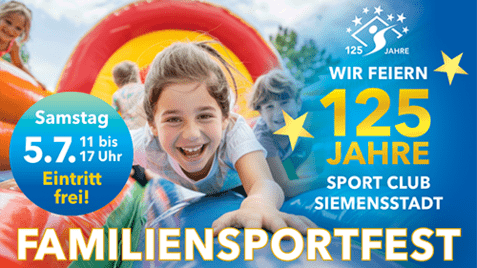 Bunt gestaltetes Plakat für ein Familensportfest mit lachendem Kind auf einer Rutsche, Datum und Veranstaltungsdetails in blauer Schrift.