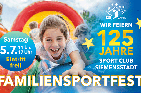 Bunt gestaltetes Plakat f&uuml;r ein Familensportfest mit lachendem Kind auf einer Rutsche, Datum und Veranstaltungsdetails in blauer Schrift.