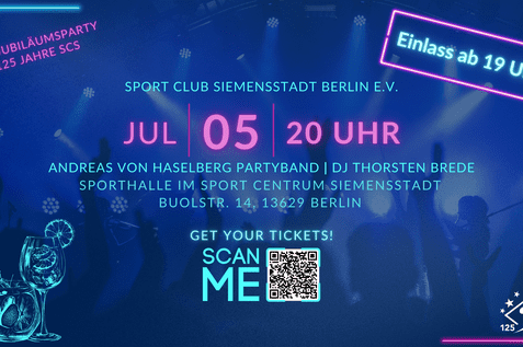 Einladungsplakat zur Jubil&auml;umsparty des Sport Club Siemensstadt mit Datum, Uhrzeit und Bandinformationen.