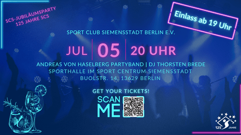 Einladungsplakat zur Jubiläumsparty des Sport Club Siemensstadt mit Datum, Uhrzeit und Bandinformationen.
