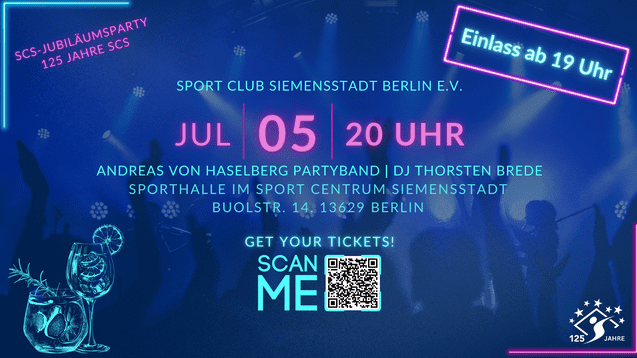 Einladungsplakat zur Jubiläumsparty des Sport Club Siemensstadt mit Datum, Uhrzeit und Bandinformationen.