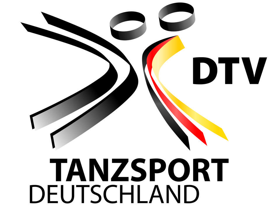 Logo des Deutschen Tanzsports mit stilisierten Tänzern und den Farben Schwarz, Rot, Gold neben der Schriftzug „DTV TANZSPORT DEUTSCHLAND“.