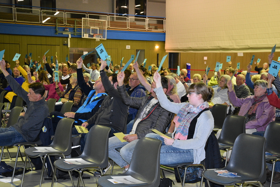 Personen in einem Versammlungssaal heben Stimmkarten mit der Aufschrift „JA“ zur Abstimmung.