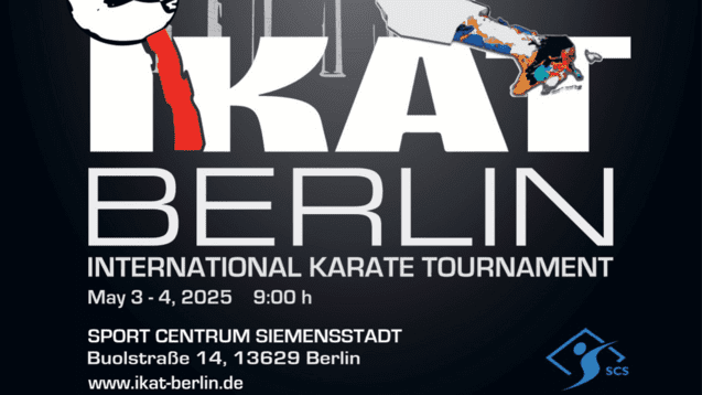 Bunt gestaltete Ankündigung für das internationale Karate-Turnier in Berlin mit einem Karateka im Vordergrund.