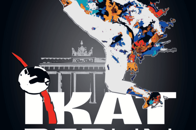 Bunt gestaltete Ankündigung für das internationale Karate-Turnier in Berlin mit einem Karateka im Vordergrund.
