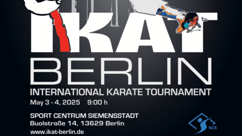 Bunt gestaltete Ankündigung für das internationale Karate-Turnier in Berlin mit einem Karateka im Vordergrund.