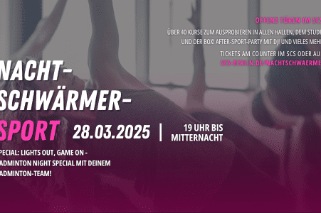 Grafik mit Veranstaltungsinformationen f&uuml;r "Nachtschw&auml;rmer-Sport" am 28.03.2025, inklusive Badminton-Night-Special und Ticketdetails.