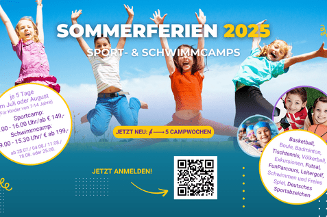 Vier Kinder springen fr&ouml;hlich in die Luft auf einer Wiese, umgeben von blauem Himmel, f&uuml;r die Sommerferien 2025.