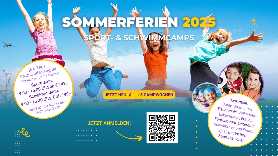 Vier Kinder springen fröhlich in die Luft auf einer Wiese, umgeben von blauem Himmel, für die Sommerferien 2025.