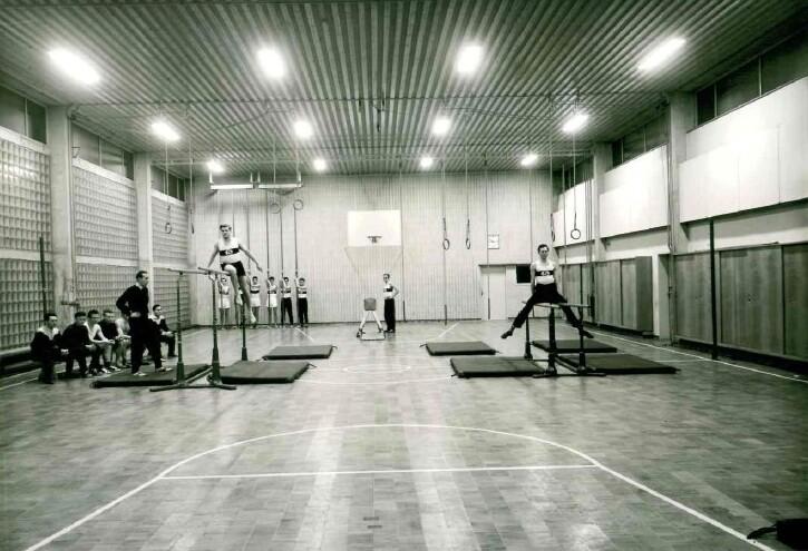 Sporthalle mit Turnerinnen an Geräten, Zuschauer beobachten das Training. Ringe hängen von der Decke.